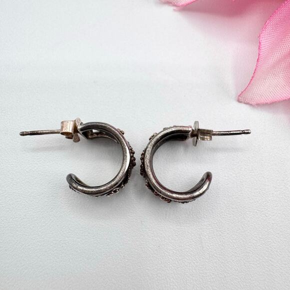 Vintage Silver Bali Style Scroll Beaded Wide Huggie Hoop Earrings Patina 4.08 G - Picture 7 of 15